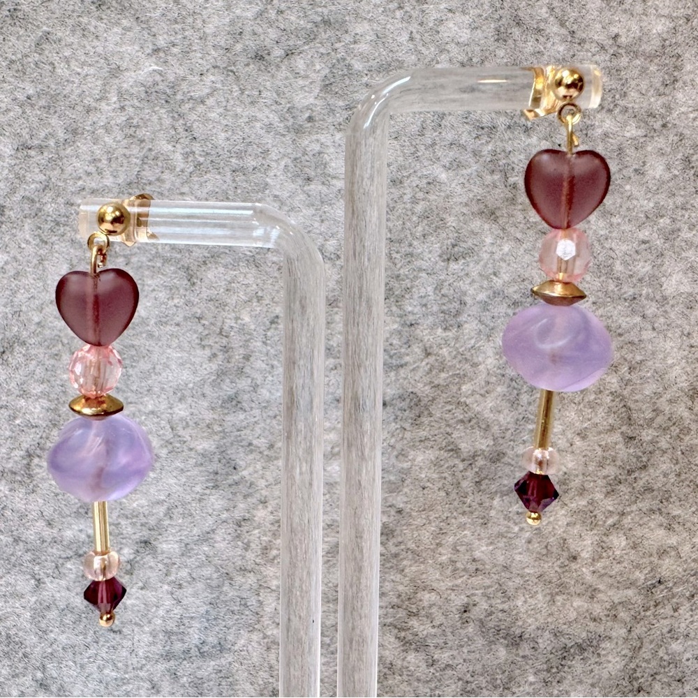 Elegant Purple, Pink and Gold Heart Earrings